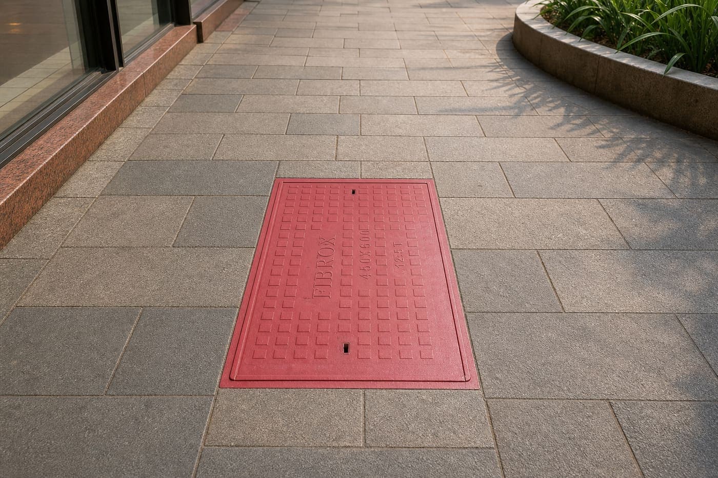 Range of Fibrox FRP covers and gratings shown in black, grey, red and brown finishes