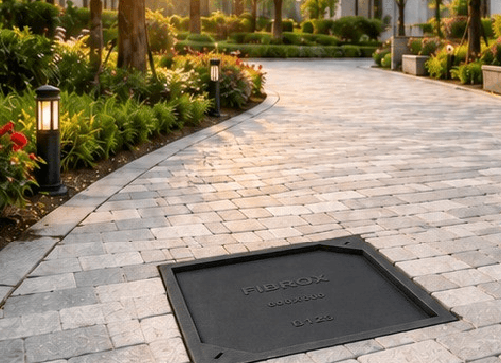 Fibrox FRP product — Recessed cover in decorative stone paving